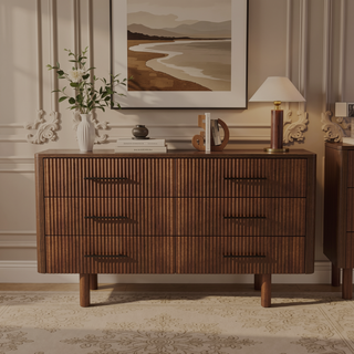 Sunvega Mid Century Modern Walnut Dresser with 6 Spacious Solid Wood Drawers