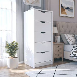 Sunvega Five Drawer Narrow Dresser in White Finish for Bedroom