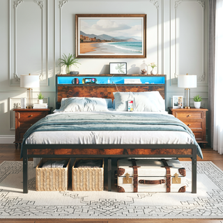 Sunvega Full Size Metal Bed Frame with Headboard and Footboard LED Lighting Black Mattress Foundation