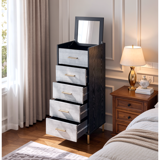 Sunvega Black and Silver 4-Drawer Jewelry Armoire with Lift Top and Mirror