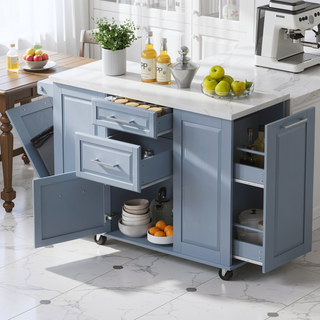Sunvega Vintage Modern Kitchen Island with Drop Leaf, Tilt Trash Cabinet, and Pull Out Organizer