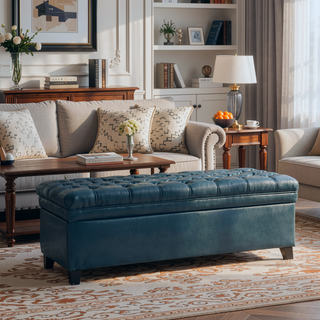 Sunvega Blue Fabric Storage Ottoman with Birch Legs for Living Room Seating