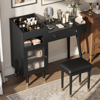Sunvega Modern Makeup Vanity Desk with Drawers, Cabinet, Charging Port, and Stool