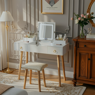 Sunvega Makeup Vanity Desk Set with Large LED Lighted Mirror and Drawers