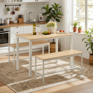 Sunvega Industrial Natural and White Dining Table Set with 2 Benches for Kitchen
