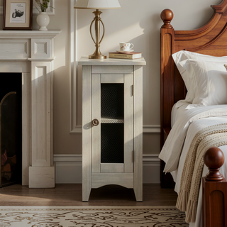 Sunvega Narrow Accent Side Table with Closed Cabinet and Metal Knob in Washed Grey Veneer