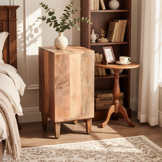 Sunvega Natural Wood Nightstand with Storage Drawer and Cabinet for Bedroom
