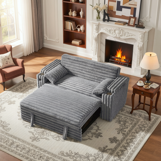 Sunvega Light Grey Corduroy Sofa Bed with Pull Out Bed and USB Charging