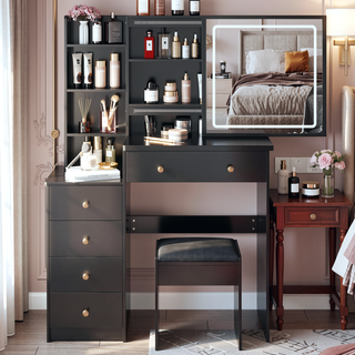 Sunvega 41 Inch Large Size Left Bedside Cabinet Vanity Table with Cushioned Stool
