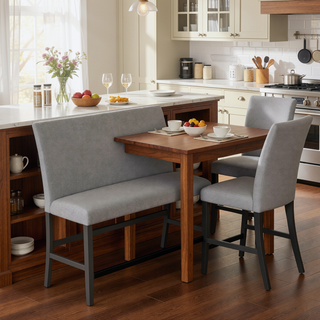 Sunvega Gray Upholstered Bench With Back In Transitional Walnut Ash Style
