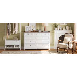 Sunvega White Wood Rustic Storage Dresser with 9 Silver Handle Drawers
