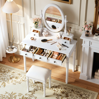 Sunvega Vintage Vanity Desk with Adjustable Mirror, 5 Velvet Drawers, and Cushioned Stool