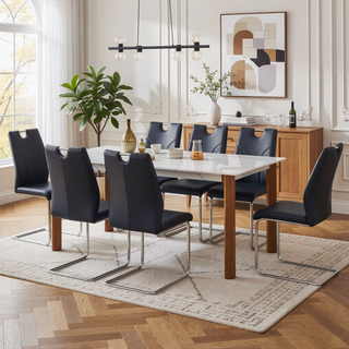 Sunvega White PU Dining Chair Set with Silver Metal Legs and High Resilience Sponge Filling