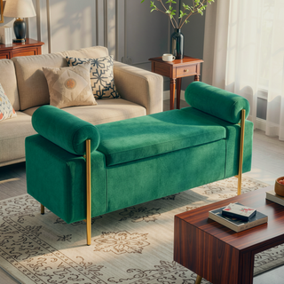 Sunvega Elegant Upholstered Linen Storage Bench with Cylindrical Arms and Iron Legs