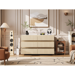 Sunvega Fluted Modern 6 Drawer Dresser with LED Lights and Marble Top
