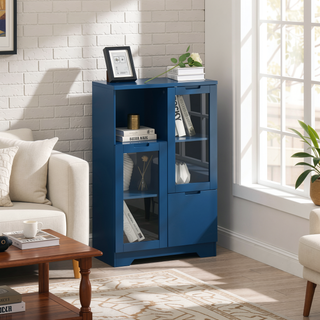 Sunvega Green MDF Cabinet with Glass Doors and Drawer for Bedroom Living Room