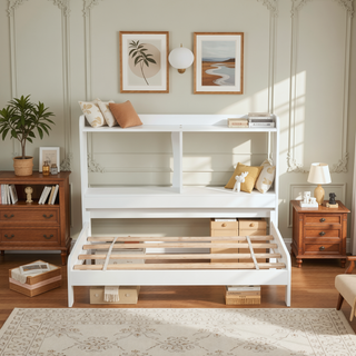 Sunvega White Twin Trundle Bed with Storage Headboard and Bookcase