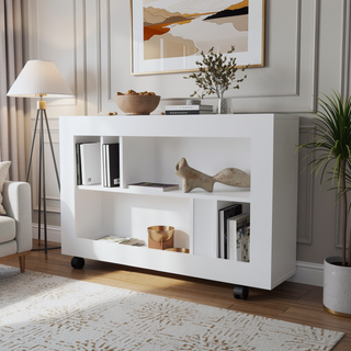 Sunvega White Manufactured Wood Table Cart with Open Shelves and Smooth Rolling Casters