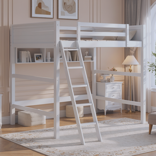 Sunvega Traditional Wooden Loft Bed with Ladder and Guardrails for Kids