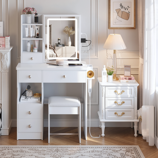 Sunvega Small Size Left Drawer Vanity Table with Adjustable LED Mirror and Stool