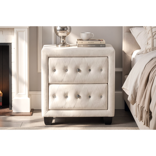 Sunvega Cream Velvet Upholstered Nightstand with Crystal Tufted Design and Two Drawers