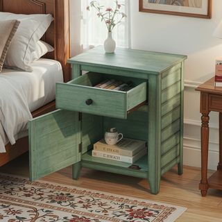 Sunvega Antique Green Veneer Nightstand with Storage Drawer and Cabinet for Bedroom