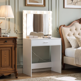 Sunvega Vanity Desk with Mirror Lights Large Drawer 1 Level Storage Dresser