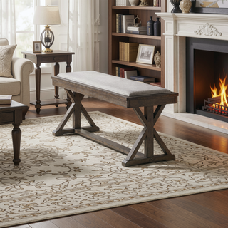 Sunvega Modern Contemporary Ash Grey Solid Wood Veneer 1pc Bench with Cream Cushion Seat