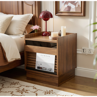Sunvega Modern Brown Nightstand with Charging Station, Smart LED Lights, and Two Drawers