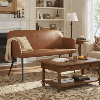 Sunvega Industrial High Back Bench in Black Steel and Camel Faux Leather