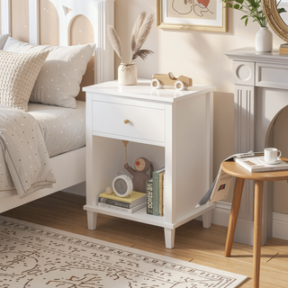 Sunvega White and Golden Kids Wooden Nightstand with One Drawer and Shelf