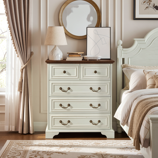 Sunvega Vintage Farmhouse Dresser with 5 Drawers and Antique White Finish