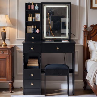 Sunvega Small Space Vanity Table with Cushioned Stool and Extra Large Sliding Mirror