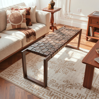 Sunvega Mid-Century Modern Tan Leather Bench with Solid Wood Frame and Tapered Legs