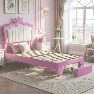 Sunvega Twin Size Upholstered Princess Bed with Crown Headboard and LED Lights