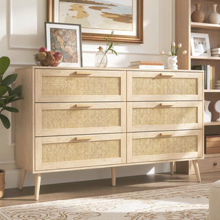 Sunvega Rattan 6 Drawer Dresser with Wood Handles for Bedroom Storage Cabinet