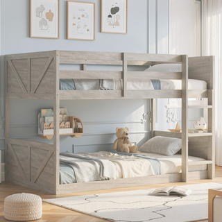 Sunvega Twin Over Twin Bunk Bed with Vintage Panelled Headboard and Safety Guardrails