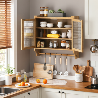 Sunvega Vintage Double Door Wall Cabinet with Three Removable Storage Shelves and Towel Rack