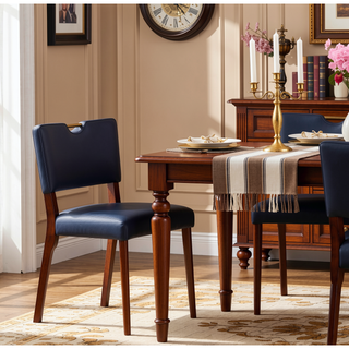 Sunvega Midnight Blue Faux Leather Dining Chair Set with Walnut Frame and Gold Handle