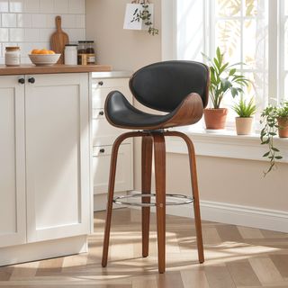 Sunvega Mid-Century Modern Swivel Barstool with Faux Leather Upholstery and Walnut Frame