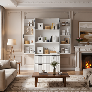 Sunvega Elegant French Refrigerator-Inspired Fluted Pantry Cabinet with 2 Drawers