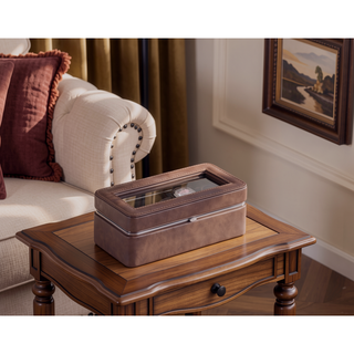 Sunvega Brown Leather and Tempered Glass 4 Slot Watch Display Case with Lid
