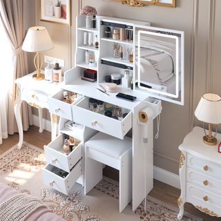 Sunvega Small Size Left Drawer Vanity Table with Cushioned Stool and LED Mirror