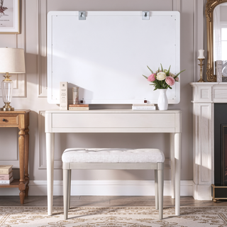 Sunvega Modern Vanity Desk with Mirror and Stool, White Makeup Table with Two Large Drawers