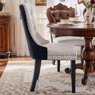 Sunvega Modern Tufted PU and Velvet Upholstered Dining Chair with Wood Legs and Nailhead Trim