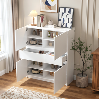 Sunvega White Wooden Storage Cabinet with 4 Doors and 2 Drawers for Living Room