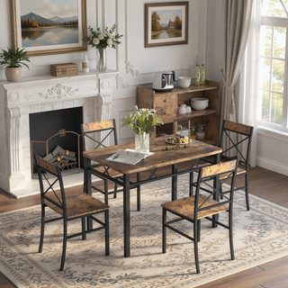 Sunvega Compact Rustic Brown Wood Kitchen Dining Table Set for 4 with Chairs