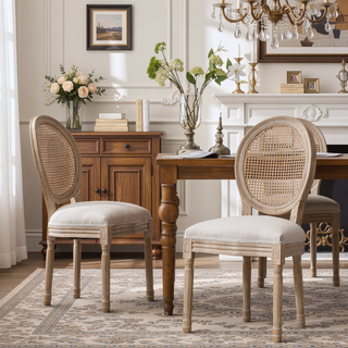 Sunvega French Style Solid Wood Frame Linen Fabric Oval Back Dining Chairs Set of 2