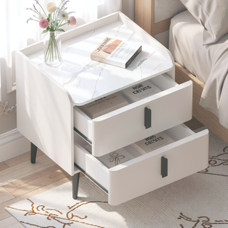 Sunvega Modern Nightstand with 2 Spacious Drawers and Marble-Pattern Tabletop