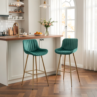 Sunvega 30 inch Set of 2 Blue Velvet Bar Stools with Chrome Footrest and Golden Legs